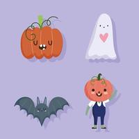 feliz halloween, murciélago calabaza fantasma y disfraz de truco o trato celebración de fiesta vector