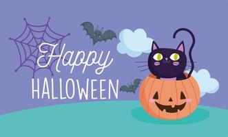 Feliz Halloween, calabaza con gato negro, murciélago, nubes, telaraña, cielo, truco o trato, celebración de fiestas vector