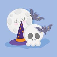 feliz halloween, sombrero de calavera, murciélagos y luna, truco o celebración de fiestas vector