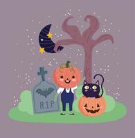 happy halloween, pumpkin costume cat moon tombstone and tree trick or treat party celebration vector