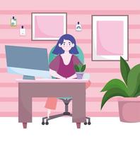 home office workspace, happy woman with desk computer pictures and potted plant vector