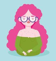 perfectly imperfect, cartoon woman with glasses and freckles, self confident, vector