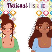 national hispanic heritage month, two women portrait cartoon, geometric color background vector