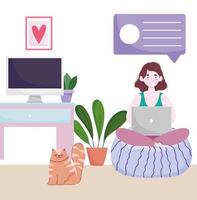 home office workspace, woman on cushion using laptop in the room with cat computer and plants vector