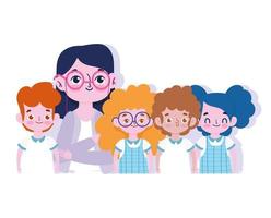 happy teachers day, female teacher and little childrens student cartoon vector