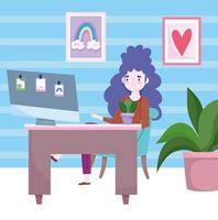 home office workspace, young woman at desk with computer and picture in wall vector