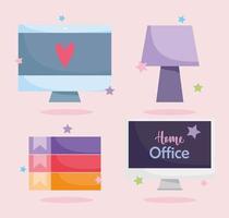 home office computer screen binders lamp template icons vector