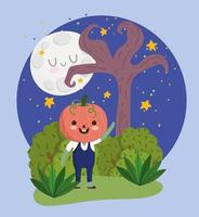 feliz halloween, niño con disfraz de calabaza, estrellas nocturnas, luna, truco o trato, celebración de fiestas vector