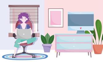 espacio de trabajo de la oficina en casa, mujer que usa la computadora portátil sentada en una silla, plantas de mesa y ventana de la computadora de la habitación vector