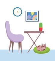 home office workplace chair table potted cactus clock picture and cat in cushion vector