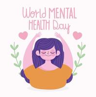 día mundial de la salud mental, mujer sonriente corazones aman ramas hojas dibujos animados vector