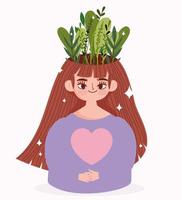 día mundial de la salud mental, retrato de mujer con hojas en la cabeza. vector