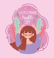 día mundial de la salud mental, expresión de meditación de mujer joven vector