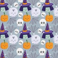 feliz halloween, cara de bruja, calaveras, sombrero de calabaza, telaraña, truco o trato, fiesta, celebración, plano de fondo vector