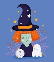 feliz halloween, bruja con sombrero fantasma calavera web y estrellas celebración de fiestas de truco o trato vector