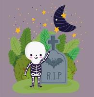 happy halloween, skeleton costume tombstone moon stars night trick or treat party celebration vector