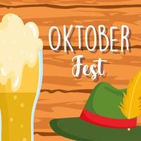 oktoberfest festival, cold beer and hat wooden background, celebration germany traditional vector