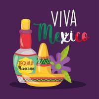 mexican independence day, tequila bottle drink hat and flower, viva mexico is celebrated on september vector