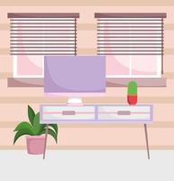 Oficina en casa, lugar de trabajo, pantalla de computadora en la mesa con plantas en macetas y ventanas vector