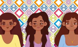 national hispanic heritage month, three women cartoon, decorative background color vector