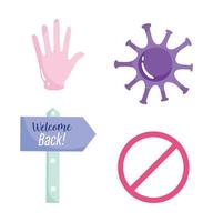 reopening, welcome back placard hand stop coronavirus covid 19 icons vector
