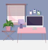 home office workplace computer on desk with lamp plant and stickers in wall vector