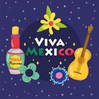 mexican independence day, guitar tequila bottle flowers dark background, viva mexico is celebrated on september vector