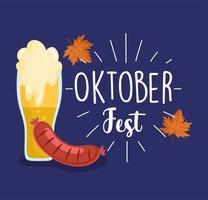 oktoberfest festival, sausage and beer lettering leaf autumn, celebration germany traditional vector