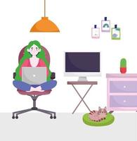 home office workspace, girl with laptop computer in table lamp stickers and cat in room vector