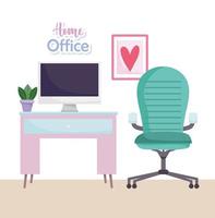 home office workplace chair table with computer plant decoration vector