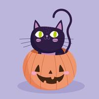 happy halloween, black cat inside pumpkin trick or treat party celebration vector