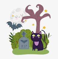 feliz halloween, gato negro murciélago lápida luna árbol estrellas noche truco o trato fiesta celebración vector