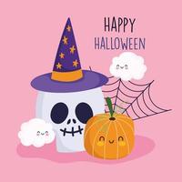 happy halloween, pumpkin web clouds and skull with hat trick or treat party celebration vector