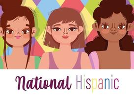 national hispanic heritage month, happy young women cartoon, color background vector