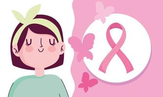 mes de concientización sobre el cáncer de mama dibujos animados mujer mariposas, cartel de prevención vector