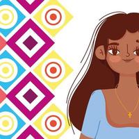 mujer joven cultura hispana retrato de dibujos animados fondo geométrico coloreado vector