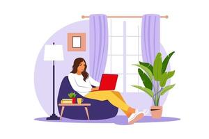 Woman sitting with laptop on bean bag chair. Concept illustration for working, studying, education, work from home. Flat. Vector illustration.