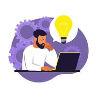 Business idea generation. Plan development. Brainstorming process. Businessman sitting with idea light bulb above his head. Vector illustration. Flat
