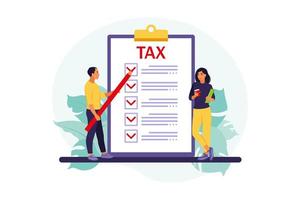 Online tax payment concept. People filling tax form. Vector illustration. Flat.