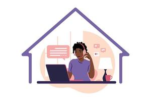 Stay home concept. African woman with headphones and microphone with laptop. Support, assistance, call center. Flat vector illustration.