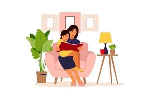 mamá leyendo para hija sentada en el sofá con libro. ilustración vectorial de un diseño plano. vector