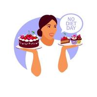 No diet day. A woman holds a plate of cupcake in her hands. International no diet day illustration. Vector. vector