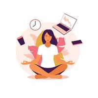 mujer de negocios practicando meditación y yoga con iconos de oficina en el fondo. concepto de gestión del tiempo. ilustración vectorial. Departamento. vector
