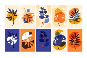 Set of compositions with leaves. Trendy collage for design in an ecological style. Vector illustrations for postcard or brochure design. Flat.