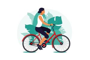 mujer en bicicleta en el parque. concepto de estilo de vida saludable. entrenamiento deportivo. aptitud física. ilustración vectorial. Departamento. vector