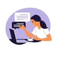 A woman works on a laptop computer and talks on the phone sitting at a table at home with a Cup of coffee and papers. Vector illustration. Flat.