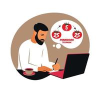 Man manager working with computer using time management. Pomodoro technique concept. Vector. Flat. vector