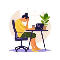 Professional burnout syndrome. Illustration tired female office worker sitting at the table. Frustrated worker, mental health problems. Vector illustration in flat style.