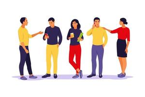 Young people standing and talking each other and phone. Communication and discussion concept. Vector illustration. Isolated flat.