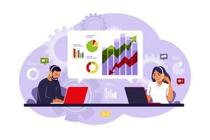 Data analysis and marketing concept. People analysts working with data on dashboard. Vector illustration. Flat.